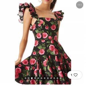 Alice + Olivia Ginny Godet Mini Dress Square
Neck Ruffle Sleeves Floral Romantic